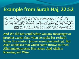 And We did not send before you any messenger or
prophet except that when he spoke [or recited],
Satan threw into it [some misunderstanding]. But
Allah abolishes that which Satan throws in; then
Allah makes precise His verses. And Allah is
Knowing and Wise.
 