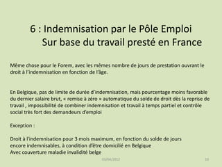 6 : Indemnisation par le Pôle Emploi
Sur base du travail presté en France
Même chose pour le Forem, avec les mêmes nombre de jours de prestation ouvrant le
droit à l’indemnisation en fonction de l’âge.

En Belgique, pas de limite de durée d’indemnisation, mais pourcentage moins favorable
du dernier salaire brut, « remise à zéro » automatique du solde de droit dès la reprise de
travail , impossibilité de combiner indemnisation et travail à temps partiel et contrôle
social très fort des demandeurs d’emploi
Exception :
Droit à l'indemnisation pour 3 mois maximum, en fonction du solde de jours
encore indemnisables, à condition d’être domicilié en Belgique
Avec couverture maladie invalidité belge
03/04/2012

10

 