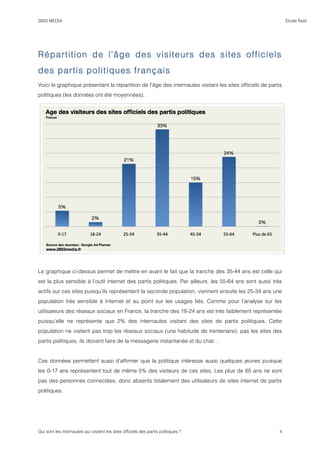 2803 MEDIA                                                                                                     Etude flash




Répartition de l'âge des visiteurs des sites officiels
des partis politiques français
Voici le graphique présentant la répartition de l'âge des internautes visitant les sites officiels de partis
politiques (les données ont été moyennées).




Le graphique ci-dessus permet de mettre en avant le fait que la tranche des 35-44 ans est celle qui
est la plus sensible à l’outil internet des partis politiques. Par ailleurs, les 55-64 ans sont aussi très
actifs sur ces sites puisqu’ils représentent la seconde population, viennent ensuite les 25-34 ans une
population très sensible à Internet et au point sur les usages liés. Comme pour l’analyse sur les
utilisateurs des réseaux sociaux en France, la tranche des 18-24 ans est très faiblement représentée
puisqu’elle ne représente que 2% des internautes visitant des sites de partis politiques. Cette
population ne visitent pas trop les réseaux sociaux (une habitude de trentenaire), pas les sites des
partis politiques, ils doivent faire de la messagerie instantanée et du chat…


Ces données permettent aussi d’affirmer que la politique intéresse aussi quelques jeunes puisque
les 0-17 ans représentent tout de même 5% des visiteurs de ces sites. Les plus de 65 ans ne sont
pas des personnes connectées, donc absents totalement des utilisateurs de sites internet de partis
politiques.




Qui sont les internautes qui visitent les sites officiels des partis politiques ?                         4
 