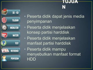 • Peserta didik dapat jenis media
penyimpanan
• Peserta didik menjelaskan
konsep partisi harddisk
• Peserta didik menjelaskan
manfaat partisi harddisk
• Peserta didik mampu
menyebutkan manfaat format
HDD
 