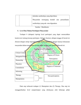 teknidan sumberdaya yang diperlukan.
Masyarakat memegang kendali atas pemanfaatan
sumberdaya yang ada atau digunakan.
Sumber : Mardikanto
5. Level Dan Makna Partisipasi Masyarakat
Terdapat 8 (delapan) tipologi level partisipasi yang dapat memecahkan
kontroversi tentang konsep partisipasi. Sebagai ilustrasi, delapan tangga di bawah ini
disusun dengan setiap step/anak tangga berkorespondensi dengan luasnya kekuasaan
masyarakat dalam menentukan produk akhir berikut pada gambar dibawah ini.
Tipologi Level Partisipasi
Citizen Control
Delegated Power
Partnership
Placation
Consultation
Informing
Therapy
Manipulation
Pada step terbawah terdapat (1) Manipulasi dan (2) Therapy. Dua step ini
menggambarkan level nonpartisipasi yang direkayasa oleh beberapa pihak
Degrees of Citizen
Participation
Degrees of Tokenism
Non-participation
 