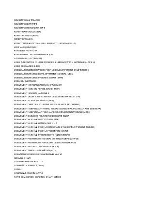 KOMBIT POU AYITI MACHE
KOMBIT POU BATI AYITI
KOMBIT POU REKONSTWI HAITI
KONBIT NASYONAL (KONA)
KONBIT POU AYITI (KOPA)
KONBIT SITWAYEN
KONBIT TRAVAYE PEYIZAN POU LIBERE AYITI (KONTRA PEP LA)
KONFIANS (KONFIANS)
KONSYANS PATRIYOTIK
KONVANSYON INITE DEMOKRATK (KID)
LA COLOMBE (LA COLOMBE)
LIGUE ALTERNATIVE POUR LE PROGRES & L’EMANCIPATION  HAÏTIENNE (L A P E H)
LIGUE DESSALINES (LIDE)
MOBILISATION DEMOCRATIQUE POUR LE DEVELOPPEMENT  D’HAÏTI (MDRH)
MOBILISATION POUR LE DEVELOPPEMENT NATIONAL (MDN)
MOBILISATION POUR LE PROGRES  D’HAITI  (MPH)
MOPANOU (MOPANOU)
MOUVEMENT  D’ORGANISATION  DU  PAYS (MOP)
MOUVEMENT  D’UNION  REPUBLICAINE  (MUR)
MOUVEMENT KOMBITE NATIONALE
MOUVEMENT  POUR  L’INSTAURATION DE LA DEMOCRATIE (M I D H)
MOUVEMENT ACTION SOCIALISTE (MAS)
MOUVEMENT CHRETIEN POUR UNE NOUVELLE HAITI (MOCHRENA)
MOUVEMENT INDEPENDANT KITIREL SOCIAL ECONOMIE AK POLITIK AN AYITI (MEKSEPA)
MOUVEMENT INDEPENDANT POUR LA RECONSTRUCTION NATIONALE (MIRN)
MOUVEMENT JEUNESSE POUR REFONDER HAITI (MJRA)
MOUVEMENT NATIONAL DES CITOYENS (MNC)
MOUVEMENT NATIONAL HAÏTIEN (M O N H A)
MOUVEMENT NATIONAL POUR LA DEMOCRATIE ET LE DEVELOPPEMENT (MONDD)
MOUVEMENT NATIONAL POUR LA PROSPERITE  D’HAITI
MOUVEMENT NATIONAL PROGRESSISTE HAÏTIEN (MNPH)
MOUVEMENT PATRIOTIQUE NATIONAL DU 28 NOVEMBRE (MNP 28)
MOUVEMENT PATRIOTIQUE POPULAIRE DESSALINIEN (MOPOD)
MOUVEMENT REVOLISYONE AYISYEN (M.R.A)
MOUVEMENT TRAVAILLISTE HAÏTIEN (M.T.H.)
MOUVMAN PWOGRESIS POU AVANSMAN MAS YO
NOUVELLE HAITI
OGANIZASYON PEP KAP LITE
OLAH BATON JENES LA(OLAH)
OLAHH
ORGANISATION LAVNI (LAVNI)
PARTI  DEMOCRATE  CHRETIEN  D’HAITI  (PDCH)
 