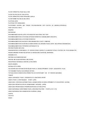 PLATE FORME POLITIQUE 3eme VOIE
PLATE POLITIK SOLEY LEVE (PPSL)
PLATE-FORME POLITIQUE PARASSOL DEFILE
PLATEFORME POLITIQUE SOLUTION
PLATFOM JISTIS
PLATFOM PITIT DESSALINES
PLATFORME AYISYEN KAP TRAVAY POU REKONSTWI AYITI INIFYEL AK LIBEREL (PATRAYILA)
PONT (POU NOU TOUT)
RAMPHA
RAPWOCHE
RASAMBLEMAN SOSYALIS POU YON INISYATIV NASYONAL TOUT NEF
RASSEMBLEMENT DES CITOYENS HAÏTIENS PATRIOTES CONSEQUENTS (RACHPC)
RASSEMBLEMENT DES CITOYENS PATRIOTES
RASSEMBLEMENT DES MILITANTS PROGRESSISTES  D’HAITI  (RAMPHA)
RASSEMBLEMENT DES NATIONAUX DEMOCRATES VOLONTAIRE POUR L’UNITE  SALVATRICE (RANDEVOUS)
RASSEMBLEMENT DES PATRIOTES HAÏTIENS (R P H)
RECONSTRUIRE HAITI (RH)
REGENERATION ECONOMIQUE ET SOCIALE DANS L’UNITE ET LA LIBERTE TOTALE  D’ACTION  DE  TOUS (RESULTAT)
REGROUPEMENT PATRIOTIQUE POUR LE RENOUVEAU NATIONAL (REPAREN)
RENMEN AYITI
REPONS KLAS MWAYENN NAN
RESEAU BOUCLIER NATIONAL (BOUCLIER)
RESISTANCE NATIONALE CONTRE LA PAUVRETE
RESPE (RESPE)
RETABLI AYITI (PPRA)
SOLIDARITE DES FORCES NATIONALES POUR LE  DEVELOPPEMENT  D’HAITI  (SOLIDARITE  PLUS)
TET ANSANM POUR LE SAUVETAGE HAITIEN
TET KOLE SOUS CHIMEN DEVLOPMAN POU UN  NORD’OUEST  UNI    ET  RENOVE (MOSANO)
TRAVAY
UNION  NATIONALE  POUR  L’INTEGRITE ET LA RECONCILIATION
UNION  POUR  LA  REPUBLIQUE    D’HAITI  (URH)
UNION DES CITOYENS HAITIENS POUR LA DEMOCRATIE LE DEVELOPPEMENT ET L’EDUCATION  (UCADE)
UNION DES PATRIOTES POUR L’AVANCEMENT  NATIONAL  (UPAN)
UNION DES PATRIOTIQUES PROGRESSISTES EN ACTION (UPPA)
UNION NATIONALE CHRETIENNE POUR LA RECONSTRUCTION    D’HAÏTI (U N C H R)
UNION NATIONALE DES DEMOCRATES HAITIENS (UNDH)
VERITE
VEYE YO
WOZO
 