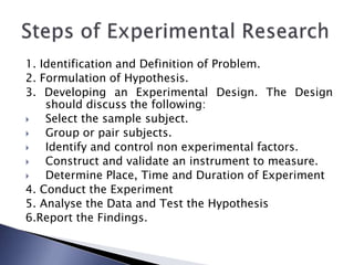 1. Identification and Definition of Problem.
2. Formulation of Hypothesis.
3. Developing an Experimental Design. The Design
should discuss the following:
 Select the sample subject.
 Group or pair subjects.
 Identify and control non experimental factors.
 Construct and validate an instrument to measure.
 Determine Place, Time and Duration of Experiment
4. Conduct the Experiment
5. Analyse the Data and Test the Hypothesis
6.Report the Findings.
 