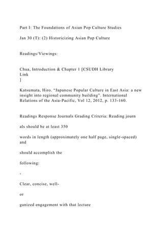 Part I: The Foundations of Asian Pop Culture Studies
Jan 30 (T): (2) Historicizing Asian Pop Culture
Readings/Viewings:
Chua, Introduction & Chapter 1 [CSUDH Library
Link
]
Katsumata, Hiro. “Japanese Popular Culture in East Asia: a new
insight into regional community building”. International
Relations of the Asia-Pacific, Vol 12, 2012, p. 133-160.
Readings Response Journals Grading Criteria: Reading journ
als should be at least 350
words in length (approximately one half page, single-spaced)
and
should accomplish the
following:
-
Clear, concise, well-
or
ganized engagement with that lecture
 