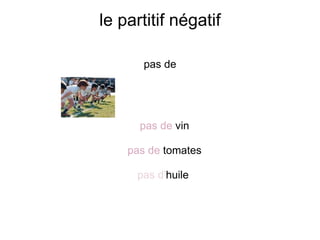 le partitif négatif pas de      pas de  vin     pas de  tomates    pas d' huile 