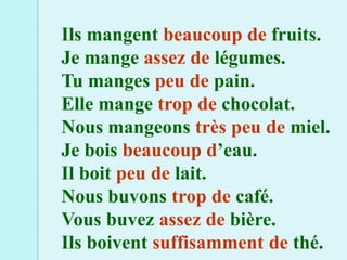 Ils mangent beaucoup de fruits.
Je mange assez de légumes.
Tu manges peu de pain.
Elle mange trop de chocolat.
Nous mangeons très peu de miel.
Je bois beaucoup d’eau.
Il boit peu de lait.
Nous buvons trop de café.
Vous buvez assez de bière.
Ils boivent suffisamment de thé.
 