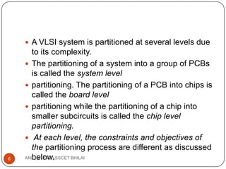  A VLSI system is partitioned at several levels due

6

to its complexity.
 The partitioning of a system into a group of PCBs
is called the system level
 partitioning. The partitioning of a PCB into chips is
called the board level
 partitioning while the partitioning of a chip into
smaller subcircuits is called the chip level
partitioning.
 At each level, the constraints and objectives of
the partitioning process are different as discussed
ANIL(AP-ETC),SSCET BHILAI
below.

 