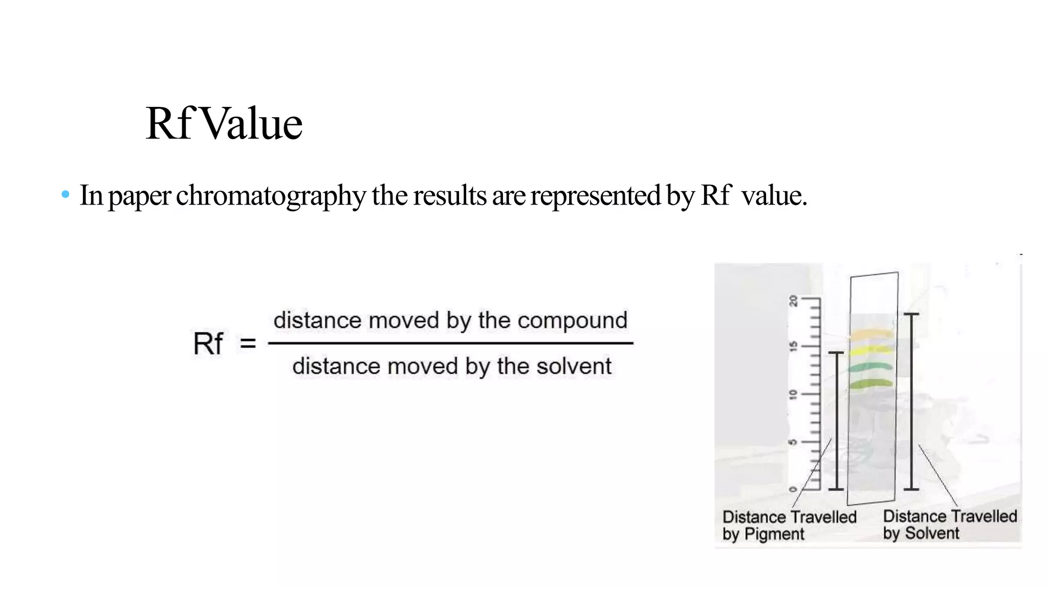 • Inpaperchromatographythe resultsarerepresentedby Rf value.
RfValue
 
