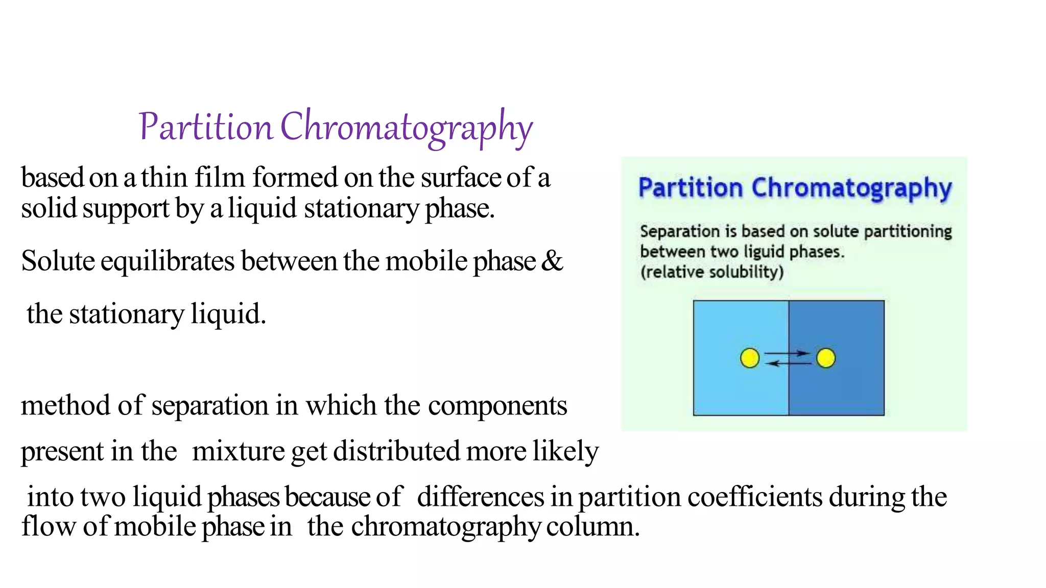 PartitionChromatography
basedon athin film formed on the surfaceof a
solidsupport by aliquid stationary phase.
Solute equilibrates between the mobile phase&
the stationary liquid.
method of separation in which the components
present in the mixture get distributed more likely
into two liquid phasesbecauseof differences in partition coefficients during the
flow of mobile phasein the chromatographycolumn.
 