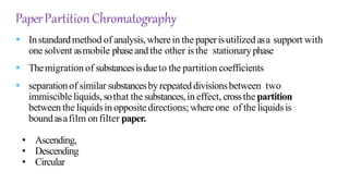 PaperPartitionChromatography
 Instandardmethod of analysis,wherein the paperisutilized asa support with
one solvent asmobile phaseand the other is the stationaryphase
 Themigration of substancesisdueto the partition coefficients
 separationof similar substancesby repeated divisionsbetween two
immiscible liquids,sothat the substances,in effect, crossthe partition
betweenthe liquidsin oppositedirections;whereone of the liquidsis
boundasafilm onfilter paper.
• Ascending,
• Descending
• Circular
 