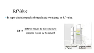 • Inpaperchromatographythe resultsarerepresentedby Rf value.
RfValue
 