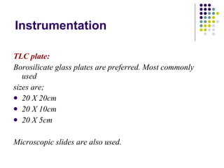 Instrumentation TLC plate: Borosilicate glass plates are preferred. Most commonly used sizes are; 20 X 20cm 20 X 10cm 20 X 5cm Microscopic slides are also used. 