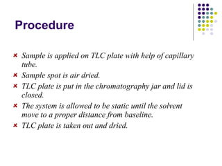 Procedure Sample is applied on TLC plate with help of capillary tube. Sample spot is air dried. TLC plate is put in the chromatography jar and lid is closed. The system is allowed to be static until the solvent move to a proper distance from baseline. TLC plate is taken out and dried. 