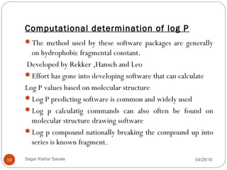 Computational determination of log P
The method used by these software packages are generally
on hydrophobic fragmental constant.
Developed by Rekker ,Hansch and Leo
Effort has gone into developing software that can calculate
Log P values based on molecular structure
Log P predicting software is common and widely used
Log p calculatig commands can also often be found on
molecular structure drawing software
Log p compound nationally breaking the compound up into
series is known fragment.
04/28/1619 Sagar Kishor Savale
 