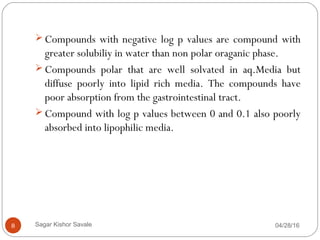 04/28/168
 Compounds with negative log p values are compound with
greater solubiliy in water than non polar oraganic phase.
 Compounds polar that are well solvated in aq.Media but
diffuse poorly into lipid rich media. The compounds have
poor absorption from the gastrointestinal tract.
 Compound with log p values between 0 and 0.1 also poorly
absorbed into lipophilic media.
Sagar Kishor Savale
 