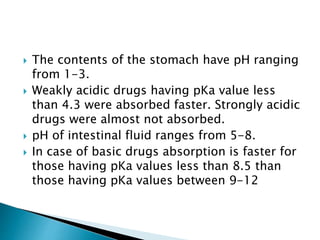  The contents of the stomach have pH ranging
from 1-3.
 Weakly acidic drugs having pKa value less
than 4.3 were absorbed faster. Strongly acidic
drugs were almost not absorbed.
 pH of intestinal fluid ranges from 5-8.
 In case of basic drugs absorption is faster for
those having pKa values less than 8.5 than
those having pKa values between 9-12
 