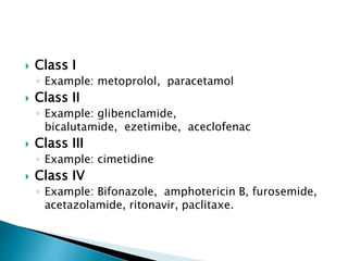  Class I
◦ Example: metoprolol, paracetamol
 Class II
◦ Example: glibenclamide,
bicalutamide, ezetimibe, aceclofenac
 Class III
◦ Example: cimetidine
 Class IV
◦ Example: Bifonazole, amphotericin B, furosemide,
acetazolamide, ritonavir, paclitaxe.
 