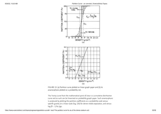6/20/22, 10:20 AM Partition Curve - an overview | ScienceDirect Topics
https://www.sciencedirect.com/topics/engineering/partition-curve#:~:text=The partition curve for an,of the dense medium unit. 30/38
FIGURE 22. (a) Partition curve plotted on linear graph paper and (b) its
anamorphosis plotted on a probability net.
The Tromp curve from the mathematical point of view is a cumulative distribution
curve and as such can be linearized on probability graph paper. Such anamorphosis
is produced by plotting the partition coefficients on a probability scale versus
specific gravity on a linear scale (Fig. 22b) for dense-media separation, and versus
log (δ − 1) for jigs.
 