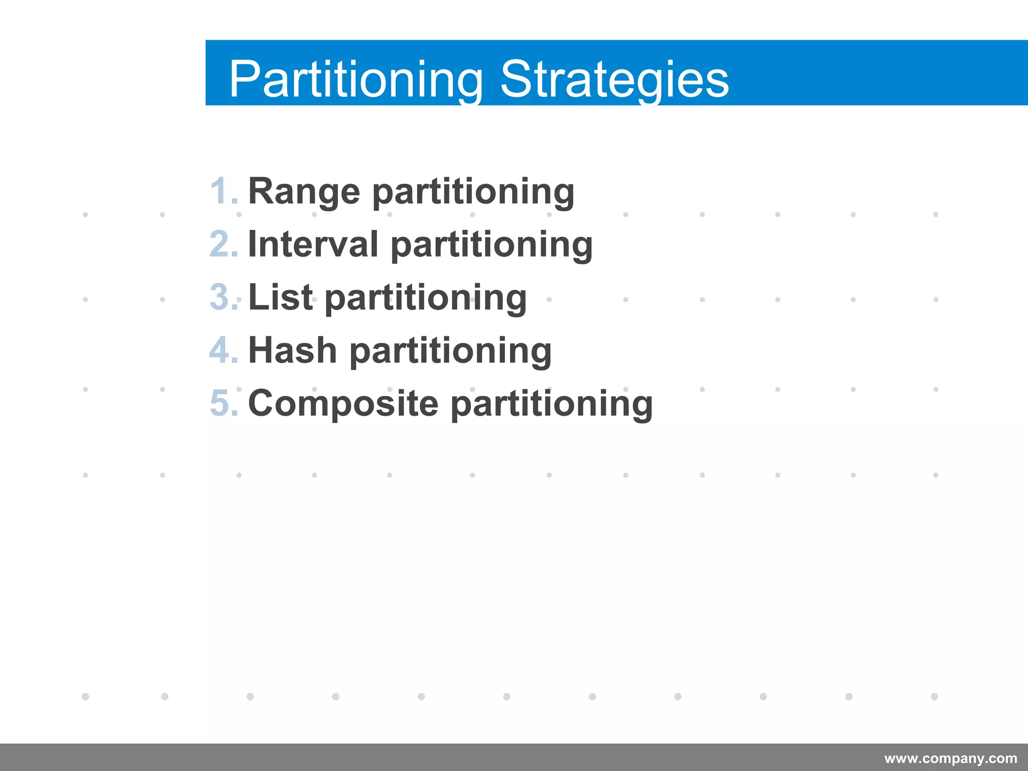 www.company.com
Partitioning Strategies
Company
LOGO
1. Range partitioning
2. Interval partitioning
3. List partitioning
4. Hash partitioning
5. Composite partitioning
 