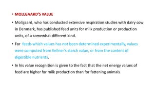 • MOLLGAARD’S VALUE
• Mollgaard, who has conducted extensive respiration studies with dairy cow
in Denmark, has published feed units for milk production or production
units, of a somewhat different kind.
• For feeds which values has not been determined experimentally, values
were computed from Kellner’s starch value, or from the content of
digestible nutrients.
• In his value recognition is given to the fact that the net energy values of
feed are higher for milk production than for fattening animals
 