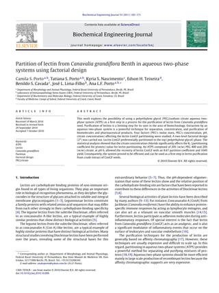 Biochemical Engineering Journal 53 (2011) 165–171
Contents lists available at ScienceDirect
Biochemical Engineering Journal
journal homepage: www.elsevier.com/locate/bej
Partition of lectin from Canavalia grandiﬂora Benth in aqueous two-phase
systems using factorial design
Camila S. Portoa,b
, Tatiana S. Portoa,b
, Kyria S. Nascimentoc
, Edson H. Teixeirad
,
Benildo S. Cavadac
, José L. Lima-Filhob
, Ana L.F. Portoa,b,∗
a
Department of Morphology and Animal Physiology, Federal Rural University of Pernambuco, Recife, PE, Brazil
b
Laboratory of Immunopathology Keizo Asami (LIKA), Federal University of Pernambuco, Recife, PE, Brazil
c
Department of Biochemistry and Molecular Biology, Federal University of Ceará, Fortaleza, CE, Brazil
d
Faculty of Medicine, Campi of Sobral, Federal University of Ceará, Ceará, Brazil
a r t i c l e i n f o
Article history:
Received 10 March 2010
Received in revised form
29 September 2010
Accepted 7 October 2010
Keywords:
ATPS
Lectin
Canavalia grandiﬂora
Partition
Factorial design
PEG/citrate
a b s t r a c t
This work explores the possibility of using a polyethylene glycol (PEG)/sodium citrate aqueous two-
phase system (ATPS) as a ﬁrst step in a process for the puriﬁcation of lectin from Canavalia grandiﬂora
seed. Puriﬁcation of lectins is a limiting step for its uses in the area of biotechnology. Extraction by an
aqueous two-phase system is a powerful technique for separation, concentration, and puriﬁcation of
biomolecules and pharmaceutical products. Four factors (PEG’s molar mass, PEG’s concentration, pH,
citrate concentration) affecting the lectin ConGF partitioning were studied. A two-level factorial design
(24
) was carried out. Lectin ConGF preferentially partitioned to the top (polyethylene glycol) phase. The
statistical analysis showed that the citrate concentration chloride signiﬁcantly affects the KL (partitioning
coefﬁcient for protein) value for lectin partitioning. An ATPS composed of 20% (w/w) PEG 400 and 20%
(w/w) citrate, at pH 6, allowed the recovery of lectin ConGF with an 8.67 partition coefﬁcient and 104%
yield. Consequently, the system proved to be efﬁcient and can be used as a ﬁrst step in lectin puriﬁcation
from crude extract of ConGF seeds.
© 2010 Elsevier B.V. All rights reserved.
1. Introduction
Lectins are carbohydrate binding proteins of non-immune ori-
gin found in all types of living organisms. They play an important
role in biological recognition phenomena, as they decipher the gly-
cocodes in the structure of glycans attached to soluble and integral
membrane glycoconjugates [1–3]. Leguminosae lectins constitute
a family proteins with related amino acid sequences that may differ
from each other strongly in their carbohydrate-binding speciﬁcity
[4]. The legume lectins from the subtribe Diocleinae, often referred
to as concanavalin A-like lectins, are a typical example of highly
similar proteins that show distinct biological activities [5].
The legume lectins from the subtribe Diocleinae, often referred
to as concanavalin A (Con A)-like lectins, are a typical example of
highly similar proteins that have distinct biological activities. Many
structural studies involving Diocleinae lectins have been performed
over the years, revealing some of the structural bases for this
∗ Corresponding author at: Department of Morphology and Animal Physiology,
Federal Rural University of Pernambuco, Rua Dom Manoel de Medeiros SN, Dois
Irmãos, 52171900 Recife, PE, Brazil. Tel.: +55 8133206345.
E-mail address: analuporto@yahoo.com.br (A.L.F. Porto).
extraordinary behavior [5–7]. Thus, the pH-dependent oligomer-
ization that some of these lectins show and the relative position of
the carbohydrate-binding site are factors that have been reported to
contribute to these differences in the activities of Diocleinae lectins
[5,8].
Several biological activities of plant lectins have been described
by many authors [9–13]. For instance, Concanavalin A (ConA) from
Jackbean (Canavalia ensiformis) have the ability to enhance protein-
speciﬁc immune responses by acting as lymphocyte mitogens, and
can also act as a relaxant on vascular smooth muscles [14,15].
Furthermore, lectins participate as adhesion molecules during anti-
inﬂammatory responses. Of special interest is the fact that lectin
from Canavalia grandiﬂora (ConGF) acts as an analgesic, and is also
a signiﬁcant modulator of inﬂammatory events that occur on the
surface of leukocytes and vascular endothelium [16].
The puriﬁcation techniques for the production of lectin are
generally based on afﬁnity chromatography [17]. However, these
techniques are usually expensive and difﬁcult to scale up. In this
regard, partitioning in aqueous two-phase systems (ATPS) provides
a powerful method for separating and purifying mixtures of pro-
teins [18,19]. Aqueous two-phase systems should be more efﬁcient
mainly in large scale production of recombinant lectins because the
afﬁnity chromatographic supports are very expensive.
1369-703X/$ – see front matter © 2010 Elsevier B.V. All rights reserved.
doi:10.1016/j.bej.2010.10.006
 