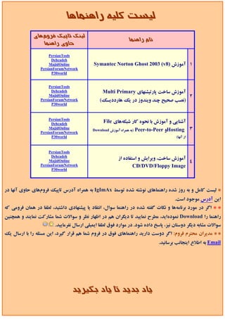 ‫ﻟﻴﺴﺖ ﻛﻠﻴﻪ راﻫﻨﻤﺎﻫﺎ‬
              ‫ﻟﻴﻨﻚ ﺗﺎﭘﻴﻚ ﻓﺮومﻫﺎي‬
                                                                ‫ﻧﺎم راﻫﻨﻤﺎ‬
                 ‫ﺣﺎوي راﻫﻨﻤﺎ‬

                      ‫‪PersianTools‬‬
                       ‫‪Dehcadeh‬‬
                      ‫‪MajidOnline‬‬          ‫1 آﻣﻮزش )8‪Symantec Norton Ghost 2003 (v‬‬
                 ‫‪PersianForumNetwork‬‬
                       ‫‪P30world‬‬


                      ‫‪PersianTools‬‬
                       ‫‪Dehcadeh‬‬                 ‫آﻣﻮزش ﺳﺎﺧﺖ ﭘﺎرﺗﻴﺸﻨﻬﺎي ‪Multi Primary‬‬
                      ‫‪MajidOnline‬‬                                                                  ‫2‬
                 ‫‪PersianForumNetwork‬‬           ‫)ﻧﺼﺐ ﺻﺤﻴﺢ ﭼﻨﺪ وﻳﻨﺪوز در ﻳﻚ ﻫﺎرددﻳﺴﻚ(‬
                       ‫‪P30world‬‬



                      ‫‪PersianTools‬‬
                       ‫‪Dehcadeh‬‬
                                                 ‫آﺷﻨﺎﻳﻲ و آﻣﻮزش ﺑﺎ ﻧﺤﻮه ﻛﺎر ﺷﺒﻜﻪﻫﺎي ‪File‬‬
                      ‫‪MajidOnline‬‬
                 ‫‪PersianForumNetwork‬‬
                                           ‫)ﺑﻪ ﻫﻤﺮاه آﻣﻮزش ‪Download‬‬   ‫‪Hosting‬و ‪Peer-to-Peer‬‬        ‫3‬
                       ‫‪P30world‬‬                                                         ‫از آﻧﻬﺎ(‬


                      ‫‪PersianTools‬‬
                       ‫‪Dehcadeh‬‬
                      ‫‪MajidOnline‬‬
                                                          ‫آﻣﻮزش ﺳﺎﺧﺖ، وﻳﺮاﻳﺶ و اﺳﺘﻔﺎده از‬
                                                                                          ‫4‬
                 ‫‪PersianForumNetwork‬‬                              ‫‪CD/DVD/Floppy Image‬‬
                       ‫‪P30world‬‬




‫* ﻟﻴﺴﺖ ﻛﺎﻣﻞ و ﺑﻪ روز ﺷﺪه راﻫﻨﻤﺎﻫﺎي ﻧﻮﺷﺘﻪ ﺷﺪه ﺗﻮﺳﻂ ‪ IgImAx‬ﺑﻪ ﻫﻤﺮاه آدرس ﺗﺎﭘﻴﻚ ﻓﺮومﻫﺎي ﺣﺎوي آﻧﻬﺎ در‬
                                                                                       ‫اﻳﻦ آدرس ﻣﻮﺟﻮد اﺳﺖ.‬
‫* * اﮔﺮ در ﻣﻮرد ﺑﺮﻧﺎﻣﻪﻫﺎ و ﻧﻜﺎت ﮔﻔﺘﻪ ﺷﺪه در راﻫﻨﻤﺎ ﺳﻮال، اﻧﺘﻘﺎد ﻳﺎ ﭘﻴﺸﻨﻬﺎدي داﺷﺘﻴﺪ، ﻟﻄﻔﺎ در ﻫﻤﺎن ﻓﺮوﻣﻲ ﻛﻪ‬
‫راﻫﻨﻤﺎ را ‪ Download‬ﻧﻤﻮدهاﻳﺪ، ﻣﻄﺮح ﻧﻤﺎﻳﻴﺪ ﺗﺎ دﻳﮕﺮان ﻫﻢ در اﻇﻬﺎر ﻧﻈﺮ و ﺳﻮاﻻت ﺷﻤﺎ ﻣﺸﺎرﻛﺖ ﻧﻤﺎﻳﻨﺪ و ﻫﻤﭽﻨﻴﻦ‬
                        ‫ﺳﻮاﻻت ﻣﺸﺎﺑﻪ دﻳﮕﺮ دوﺳﺘﺎن ﻧﻴﺰ، ﭘﺎﺳﺦ داده ﺷﻮد. در ﻣﻮارد ﻓﻮق ﻟﻄﻔﺎ اﻳﻤﻴﻠﻲ ارﺳﺎل ﻧﻔﺮﻣﺎﻳﻴﺪ.‬
‫*  * ﻣﺪﻳﺮان ﻣﺤﺘﺮم ﻓﺮوم: اﮔﺮ دوﺳﺖ دارﻳﺪ راﻫﻨﻤﺎﻫﺎي ﻓﻮق در ﻓﺮوم ﺷﻤﺎ ﻫﻢ ﻗﺮار ﮔﻴﺮد، اﻳﻦ ﻣﺴﺌﻠﻪ را ﺑﺎ ارﺳﺎل ﻳﻚ‬
                                                                                ‫‪ Email‬ﺑﻪ اﻃﻼع اﻳﻨﺠﺎﻧﺐ ﺑﺮﺳﺎﻧﻴﺪ.‬




                                 ‫ﻳﺎد ﺑﺪﻳﺪ ﺗﺎ ﻳﺎد ﺑﮕﻴﺮﻳﺪ‬
 