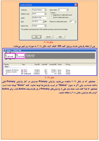 ‫ﺷﻜﻞ 51-2‬
            ‫ﭘﺲ از اﻳﺠﺎد ﭘﺎرﺗﻴﺸﻦ ﺟﺪﻳﺪ، ﺑﺮروي ﻛﻠﻴﺪ ‪ ،OK‬ﻛﻠﻴﻚ ﻛﻨﻴﺪ. ﺷﻜﻞ 41-2 ﺑﻪ ﺻﻮرت زﻳﺮ ﺗﻐﻴﻴﺮ ﻣﻲﻧﻤﺎﻳﺪ:‬




                                             ‫ﺷﻜﻞ 61-2‬
‫ﻫﻤﺎﻧﻄﻮر ﻛﻪ در ﺷﻜﻞ 61-2 ﻣﺸﺎﻫﺪه ﻣﻲﻧﻤﺎﻳﻴﺪ، ﭘﺎرﺗﻴﺸﻦ ‪ Primary‬ﺟﺪﻳﺪي در ﻛﻨﺎر ﭘﺎرﺗﻴﺸﻦ ‪ Primary‬ﻗﺒﻠﻲ‬
‫ﺳﺎﺧﺘﻪ ﺷﺪهاﺳﺖ. وﻟﻲ اﮔﺮ ﺑﻪ ﺳﺘﻮن ”‪ “Status‬در ﻟﻴﺴﺖ ﭘﺎرﺗﻴﺸﻦﻫﺎ ﺗﻮﺟﻪ ﻧﻤﺎﻳﻴﺪ، ﻛﻠﻤﻪ ”‪ “None‬ﻧﻮﺷﺘﻪ ﺷﺪه اﺳﺖ.‬
‫ﻫﻤﺎﻧﻄﻮر ﻛﻪ ﻗﺒﻼ ﮔﻔﺘﻪ ﺷﺪه، ﺣﺘﻤﺎ، ﺑﺎﻳﺪ ﻳﻜﻲ از ﭘﺎرﺗﻴﺸﻦﻫﺎي ‪ Primary‬از ﻫﺮ ﻫﺎرددﻳﺴﻚ ‪ Active‬ﺑﺎﺷﺪ. ﺑﺮاي ‪Active‬‬
                                                            ‫ﻛﺮدن ﻳﻚ ﭘﺎرﺗﻴﺸﻦ، ﺑﺨﺶ 8-2 را ﻣﻄﺎﻟﻌﻪ ﻧﻤﺎﻳﻴﺪ.‬
 