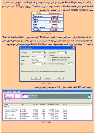 ‫از آﻧﺠﺎ ﻛﻪ ﺑﺮﻧﺎﻣﻪ ‪ Boot Magic‬ﺣﺠﻢ زﻳﺎدي ﻧﻤﻲﮔﻴﺮد، ﻳﻚ ﭘﺎرﺗﻴﺸﻦ ‪ Logical‬درﺳﺖ ﺧﻮاﻫﻴﻢ ﻛﺮد، ﺑﺎ ﻇﺮﻓﻴﺖ‬
‫ﻛﻠﻴﻚ ﻛﺮده. در‬       ‫‪ .64MB‬ﻓﻀﺎي ﺧﺎﻟﻲ ‪ Unallocated‬را اﻧﺘﺨﺎب ﻧﻤﻮده. ﺳﭙﺲ از ‪ ،Toolbar‬ﺑﺮروي آﻳﻜﻦ‬
                                          ‫ﭘﻨﺠﺮه ‪ ،Create Partition‬ﮔﺰﻳﻨﻪ ﻫﺎي زﻳﺮ را اﻧﺘﺨﺎب و وارد ﻧﻤﺎﻳﻴﺪ:‬
                                      ‫‪Title‬‬       ‫‪Parameters‬‬
                                  ‫‪Create as‬‬          ‫‪Logical‬‬
                                  ‫‪Type‬‬               ‫23‪FAT‬‬
                                  ‫‪Label‬‬           ‫‪Boot Magic‬‬
                                  ‫‪Size‬‬                ‫‪64MB‬‬
                                  ‫‪Drive Letter‬‬       ‫‪H or F‬‬
                                  ‫‪Position‬‬         ‫… ‪End Of‬‬
                                            ‫ﺟﺪول 1-2‬
‫‪“End of unallocated‬‬       ‫اﻣﺎ ﻳﻚ ‪ Option‬دﻳﮕﺮ را ﻫﻢ ﺗﻐﻴﻴﺮ دﻫﻴﺪ! از ﻗﺴﻤﺖ ‪ ،Position‬ﮔﺰﻳﻨﻪ دوم ﻳﻌﻨﻲ‬
‫”‪ Space‬را ﻧﻴﺰ اﻧﺘﺨﺎب ﻛﻨﻴﺪ. اﻳﻦ ﮔﺰﻳﻨﻪ ﺑﺎﻋﺚ ﻣﻲﺷﻮد ﻛﻪ ﭘﺎرﺗﻴﺸﻦ ﺟﺪﻳﺪ ﺑﻪ ﺟﺎي اﻳﺠﺎد ﺷﺪن در اﺑﺘﺪاي ﻓﻀﺎي ﺧﺎﻟﻲ،‬
    ‫در اﻧﺘﻬﺎي آن اﻳﺠﺎد ﺷﻮد. ﭘﺲ از اﻧﺠﺎم ﺗﻐﻴﻴﺮات ﻓﻮق، ﭘﻨﺠﺮه ‪ Create Partition‬ﭼﻴﺰي ﺷﺒﻴﻪ ﺑﻪ اﻳﻦ ﺧﻮاﻫﺪ ﺑﻮد:‬




                                            ‫ﺷﻜﻞ 12-2‬
                                    ‫ﺑﺮروي ﻛﻠﻴﺪ ‪ OK‬ﻛﻠﻴﻚ ﻧﻤﺎﻳﻴﺪ. . ﺷﻜﻞ 02-2 ﺑﻪ ﺻﻮرت زﻳﺮ ﺗﻐﻴﻴﺮ ﻣﻲﻧﻤﺎﻳﺪ:‬




                                            ‫ﺷﻜﻞ 22-2‬
 