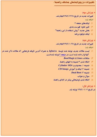 ‫ﺗﻐﻴﻴﺮات در وﻳﺮاﻳﺸﻬﺎي ﻣﺨﺘﻠﻒ راﻫﻨﻤﺎ :‬
                                                     ‫---------------------------------‬


                                                                                  ‫* وﻳﺮاﻳﺶ ﺳﻮم:‬
                                                     ‫ﺗﻐﻴﻴﺮات ﺟﺪﻳﺪ در ﺗﺎرﻳﺦ 52/21/6831اﻧﺠﺎم ﺷﺪ.‬
                                                                                      ‫اﺿﺎﻓﻪ ﺷﺪ:‬
                                                                          ‫1( ﻟﻴﻨﻚﻫﺎي ﺻﻔﺤﻪ 2‬
                                                                    ‫2( ﺗﻐﻴﻴﺮ ﻧﺤﻮه ﻓﻬﺮﺳﺖ ﺑﻨﺪي‬
                                                     ‫3( ﺑﺨﺶ ﺟﺪﻳﺪ "روش اﺳﺘﻔﺎده از اﻳﻦ راﻫﻨﻤﺎ"‬
                                                                          ‫4( ﻟﻴﻨﻚ دوﻧﻠﻮد ﺑﺮﻧﺎﻣﻪ‬

                                                                                   ‫* وﻳﺮاﻳﺶ دوم:‬
                                                     ‫ﺗﻐﻴﻴﺮات ﺟﺪﻳﺪ در ﺗﺎرﻳﺦ 52/01/6831اﻧﺠﺎم ﺷﺪ.‬
                                                                                      ‫اﺿﺎﻓﻪ ﺷﺪ:‬
‫1( ﻟﻴﺴﺖ ﻣﻘﺎﻻت ﺟﺪﻳﺪ، ﻧﻮﺷﺘﻪ ﺷﺪه ﺗﻮﺳﻂ ‪ .IgImAx‬ﺑﻪ ﻫﻤﺮاه آدرس ﺗﺎﭘﻴﻚ ﻓﺮمﻫﺎﻳﻲ ﻛﻪ ﻣﻘﺎﻻت ذﻛﺮ ﺷﺪه در‬
                                           ‫آﻧﻬﺎ ﻗﺮار داده ﺷﺪه اﺳﺖ، در ﺻﻔﺤﻪ 2 ﻧﻮﺷﺘﻪ ﺷﺪهاﺳﺖ.‬
                                                              ‫2( ﻣﺸﻜﻼت ‪ Linux‬ﺑﺎ ‪.BootMagic‬‬
                                                         ‫3( اﺿﺎﻓﻪ ﺷﺪن 3 ﺿﻤﻴﻤﻪ ﺑﻪ اﻧﺘﻬﺎي راﻫﻨﻤﺎ.‬
                                                        ‫4( ﺿﻤﻴﻤﻪ 1. ﻣﺤﺪودﻳﺖ 4201 ‪.Cylinder‬‬
                                                        ‫5( ﺿﻤﻴﻤﻪ 2. ﻟﻴﻨﻚ و آﻣﻮزش ‪.CD Image‬‬
                                                                      ‫6( ﺿﻤﻴﻤﻪ 3. ‪.Dual Boot‬‬
                                                                             ‫7( ﺳﻮال و ﺟﻮاب.‬
                                                  ‫8( اﺿﺎﻓﻪ ﺷﺪن ﺗﻮﺿﻴﺤﺎﺗﻲ ﺑﻴﺸﺘﺮ در ﻻﺑﻼي راﻫﻨﻤﺎ.‬

                                                                                   ‫* وﻳﺮاﻳﺶ اول:‬
                                                                    ‫در ﺗﺎرﻳﺦ 20/10/6831 ﻧﻮﺷﺘﻪ ﺷﺪ.‬
 