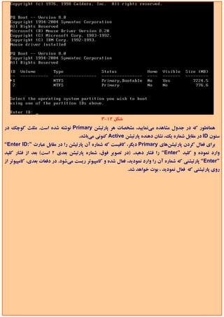 ‫ﺷﻜﻞ 21-3‬
‫ﻫﻤﺎﻧﻄﻮر ﻛﻪ در ﺟﺪول ﻣﺸﺎﻫﺪه ﻣﻲﻧﻤﺎﻳﻴﺪ، ﻣﺸﺨﺼﺎت ﻫﺮ ﭘﺎرﺗﻴﺸﻦ ‪ Primary‬ﻧﻮﺷﺘﻪ ﺷﺪه اﺳﺖ. ﻣﺜﻠﺚ ﻛﻮﭼﻚ در‬
                                   ‫ﺳﺘﻮن ‪ ID‬در ﻣﻘﺎﺑﻞ ﺷﻤﺎره ﻳﻚ، ﻧﺸﺎن دﻫﻨﺪه ﭘﺎرﺗﻴﺸﻦ ‪ Active‬ﻛﻨﻮﻧﻲ ﻣﻲﺑﺎﺷﺪ.‬
‫ﺑﺮاي ﻓﻌﺎل ﻛﺮدن ﭘﺎرﺗﻴﺸﻦﻫﺎي ‪ Primary‬دﻳﮕﺮ، ﻛﺎﻓﻴﺴﺖ ﻛﻪ ﺷﻤﺎره آن ﭘﺎرﺗﻴﺸﻦ را در ﻣﻘﺎﺑﻞ ﻋﺒﺎرت ”:‪“Enter ID‬‬
‫وارد ﻧﻤﻮده و ﻛﻠﻴﺪ ”‪ “Enter‬را ﻓﺸﺎر دﻫﻴﺪ. )در ﺗﺼﻮﻳﺮ ﻓﻮق، ﺷﻤﺎره ﭘﺎرﺗﻴﺸﻦ ﺑﻌﺪي 2 اﺳﺖ( ﺑﻌﺪ از ﻓﺸﺎر ﻛﻠﻴﺪ‬
‫”‪ “Enter‬ﭘﺎرﺗﻴﺸﻨﻲ ﻛﻪ ﺷﻤﺎره آن را وارد ﻧﻤﻮدﻳﺪ، ﻓﻌﺎل ﺷﺪه و ﻛﺎﻣﭙﻴﻮﺗﺮ رﻳﺴﺖ ﻣﻲﺷﻮد. در دﻓﻌﺎت ﺑﻌﺪي، ﻛﺎﻣﭙﻴﻮﺗﺮ از‬
                                                          ‫روي ﭘﺎرﺗﻴﺸﻨﻲ ﻛﻪ ﻓﻌﺎل ﻧﻤﻮدﻳﺪ ، ﺑﻮت ﺧﻮاﻫﺪ ﺷﺪ.‬
 