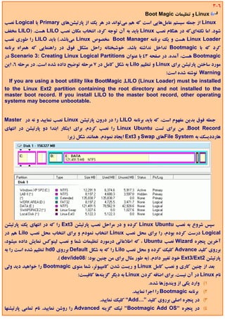 ‫6-3‬
                                                                  ‫‪ Linux‬و ﺗﻨﻈﻴﻤﺎت ‪Boot Magic‬‬
‫‪ Linux‬از ﺟﻤﻠﻪ ﺳﻴﺴﺘﻢ ﻋﺎﻣﻞﻫﺎﻳﻲ اﺳﺖ ﻛﻪ ﻫﻢ ﻣﻲﺗﻮاﻧﺪ در ﻫﺮ ﻳﻚ از ﭘﺎرﺗﻴﺸﻦﻫﺎي ‪ Primary‬ﻳﺎ ‪ Logical‬ﻧﺼﺐ‬
‫ﺷﻮد. اﻣﺎ ﻧﻜﺘﻪايﻛﻪ در ﻫﻨﮕﺎم ﻧﺼﺐ ‪ Linux‬ﺑﺎﻳﺪ ﺑﻪ آن ﺗﻮﺟﻪ ﻛﺮد، اﻧﺘﺨﺎب ﻣﻜﺎن ﻧﺼﺐ ‪ LILO‬ﻫﺴﺖ. )‪ LILO‬ﻣﺨﻔﻒ‬
‫‪ Linux Loader‬ﻫﺴﺖ و ﻳﻚ ﺑﺮﻧﺎﻣﻪ ‪ Boot Manager‬ﻣﺨﺼﻮص ‪ Linux‬ﻣﻲﺑﺎﺷﺪ.( ﺑﺎﻳﺪ ‪ LILO‬را ﻃﻮري ﻧﺼﺐ‬
‫ﻛﺮد ﻛﻪ ﺑﺎ ‪ Bootmagic‬ﺗﺪاﺧﻞ ﻧﺪاﺷﺘﻪ ﺑﺎﺷﺪ. ﺧﻮﺷﺒﺨﺘﺎﻧﻪ راﺣﻞ ﻣﺸﻜﻞ ﻓﻮق در راﻫﻨﻤﺎﻳﻲ ﻛﻪ ﻫﻤﺮاه ﺑﺮﻧﺎﻣﻪ‬
‫‪ Bootmagic‬ﻫﺴﺖ، آﻣﺪه. در ﺻﻔﺤﻪ 34 ﺑﺎ ﻋﻨﻮان ‪ Scenario 3: Creating Linux Logical Partitions‬در‬
‫ﻣﻮرد ﺳﺎﺧﺘﻦ ﭘﺎرﺗﻴﺸﻦ ﺑﺮاي ‪ Linux‬و ﺗﻨﻈﻴﻢ ‪ Lilo‬ﺑﻪ ﺷﻜﻞ ﻛﺎﻣﻞ در 7 ﻣﺮﺣﻠﻪ ﺗﻮﺿﻴﺢ داده ﺷﺪه اﺳﺖ. در ﻣﺮﺣﻠﻪ 6، اﻳﻦ‬
                                                                            ‫‪ Warning‬ﻧﻮﺷﺘﻪ ﺷﺪه اﺳﺖ:‬
  ‫‪If you are using a boot utility like BootMagic ,LILO (Linux Loader) must be installed‬‬
‫‪to the Linux Ext2 partition containing the root directory and not installed to the‬‬
‫‪master boot record. If you install LILO to the master boot record, other operating‬‬
‫.‪systems may become unbootable‬‬


‫ﺟﻤﻠﻪ ﻓﻮق ﺑﺪﻳﻦ ﻣﻔﻬﻮم اﺳﺖ، ﻛﻪ ﺑﺎﻳﺪ ﺑﺮﻧﺎﻣﻪ ‪ LILO‬را در درون ﭘﺎرﺗﻴﺸﻦ ‪ Linux‬ﻧﺼﺐ ﻧﻤﺎﻳﻴﺪ و ﻧﻪ در ‪Master‬‬
‫‪ .Boot Record‬ﻣﻦ ﺑﺮاي ﺗﺴﺖ ‪ Linux Ubuntu‬را ﻧﺼﺐ ﻛﺮدم. ﺑﺮاي اﻳﻨﻜﺎر اﺑﺘﺪا دو ﭘﺎرﺗﻴﺸﻦ در اﻧﺘﻬﺎي‬
                             ‫ﻫﺎرددﻳﺴﻚ ﺑﻪ ‪File System‬ﻫﺎي ‪ Swap‬و 3‪ Ext‬اﻳﺠﺎد ﻧﻤﻮدم. ﻫﻤﺎﻧﻨﺪ ﺷﻜﻞ زﻳﺮ:‬




‫ﺳﭙﺲ ﺷﺮوع ﺑﻪ ﻧﺼﺐ ‪ Linux Ubuntu‬ﻛﺮده و در ﻣﺮاﺣﻞ ﻧﺼﺐ ﭘﺎرﺗﻴﺸﻦ 3‪ Ext‬را ﻛﻪ در اﻧﺘﻬﺎي ﻳﻚ ﭘﺎرﺗﻴﺸﻦ‬
‫‪ Logical‬درﺳﺖ ﻛﺮده ﺑﻮدم، را ﺑﺮاي ﻣﺤﻞ ﻧﺼﺐ ‪ Linux‬اﻧﺘﺨﺎب ﻧﻤﻮدم و ﺑﺮاي اﻧﺘﺨﺎب ﻣﺤﻞ ﻧﺼﺐ ‪ Lilo‬ﻫﻢ در‬
‫آﺧﺮﻳﻦ ﭘﻨﺠﺮه ‪ Wizard‬ﻧﺼﺐ ‪ ، Ubuntu‬ﻛﻪ اﻃﻼﻋﺎﺗﻲ درﻣﻮرد ﺗﻨﻈﻴﻤﺎت ﺷﻤﺎ و ﻧﺼﺐ ﻟﻴﻨﻮﻛﺲ ﻧﻤﺎﻳﺶ داده ﻣﻴﺸﻮد،‬
‫ﺑﺮروي ﻛﻠﻴﺪ ‪ Advance‬ﻛﻠﻴﻚ ﻛﺮده و ﻣﺤﻞ ﻧﺼﺐ ‪ Lilo‬را ﻛﻪ ﺑﻪ ﺷﻜﻞ ‪ Default‬ﺑﺮروي 0‪ hd‬ﺗﻨﻈﻴﻢ ﺷﺪه اﺳﺖ را ﺑﻪ‬
                        ‫ﭘﺎرﺗﻴﺸﻦ 2‪ Ext3/Ext‬ﺧﻮد ﺗﻐﻴﻴﺮ دادم. )ﺑﻪ ﻃﻮر ﻣﺜﺎل ﺑﺮاي ﻣﻦ ﭼﻨﻴﻦ ﺑﻮد: /80‪.( dev/ide‬‬
‫ﺑﻌﺪ از ﭼﻨﻴﻦ ﻛﺎري و ﻧﺼﺐ ﻛﺎﻣﻞ ‪ Linux‬و رﻳﺴﺖ ﺷﺪن ﻛﺎﻣﭙﻴﻮﺗﺮ، ﺷﻤﺎ ﻣﻨﻮي ‪ Bootmagic‬را ﺧﻮاﻫﻴﺪ دﻳﺪ وﻟﻲ‬
                                  ‫ﻧﺎم ‪ Linux‬در آن ﻧﻴﺴﺖ. ﺑﺮاي اﺿﺎﻓﻪ ﻛﺮدن ‪ Linux‬ﺑﻪ دﻳﮕﺮ ﮔﺰﻳﻨﻪﻫﺎ ﻛﺎﻓﻴﺴﺖ:‬
                                                                   ‫1( وارد ﻳﻜﻲ از وﻳﻨﺪوزﻫﺎ ﺷﺪه.‬
                                                           ‫2( ﺑﺮﻧﺎﻣﻪ ‪ Bootmagic‬را اﺟﺮا ﻧﻤﺎﻳﻴﺪ.‬
                                            ‫3( در ﭘﻨﺠﺮه اﺻﻠﻲ ﺑﺮروي ﻛﻠﻴﺪ ”…‪ “Add‬ﻛﻠﻴﻚ ﻧﻤﺎﻳﻴﺪ.‬
‫4( در ﭘﻨﺠﺮه "‪ "Bootmagic Add OS‬ﺗﻴﻚ ﮔﺰﻳﻨﻪ ‪ Advanced‬را روﺷﻦ ﻧﻤﺎﻳﻴﺪ. ﻧﺎم ﺗﻤﺎﻣﻲ ﭘﺎرﺗﻴﺸﻨﻬﺎ‬
 