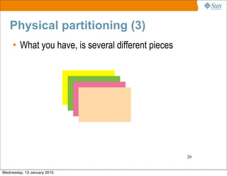 Physical partitioning (3)
     • What you have, is several different pieces




                                                    20


Wednesday, 13 January 2010
 
