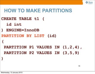 HOW TO MAKE PARTITIONS
CREATE TABLE t1 (
   id int
) ENGINE=InnoDB
PARTITION BY LIST (id)
(
  PARTITION P1 VALUES IN (1,2,4),
  PARTITION P2 VALUES IN (3,5,9)
)
                               38


Wednesday, 13 January 2010
 