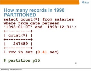 How many records in 1998
   PARTITIONED
   select count(*) from salaries
   where from_date between
   '1998-01-01' and '1998-12-31';
   +----------+
   | count(*) |
   +----------+
   |   247489 |
   +----------+
   1 row in set (0.41 sec)

   # partition p15
                                52


Wednesday, 13 January 2010
 