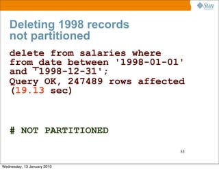 Deleting 1998 records
   not partitioned
   delete from salaries where
   from_date between '1998-01-01'
   and '1998-12-31';
   Query OK, 247489 rows affected
   (19.13 sec)



   # NOT PARTITIONED

                                55


Wednesday, 13 January 2010
 