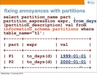fixing annoyances with partitions
  select partition_name part ,
  partition_expression expr, from_days
  (partition_descr...