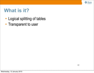 What is it?
     • Logical splitting of tables
     • Transparent to user




                                     12


We...