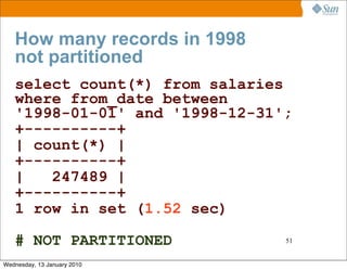 How many records in 1998
   not partitioned
   select count(*) from salaries
   where from_date between
   '1998-01-01' an...