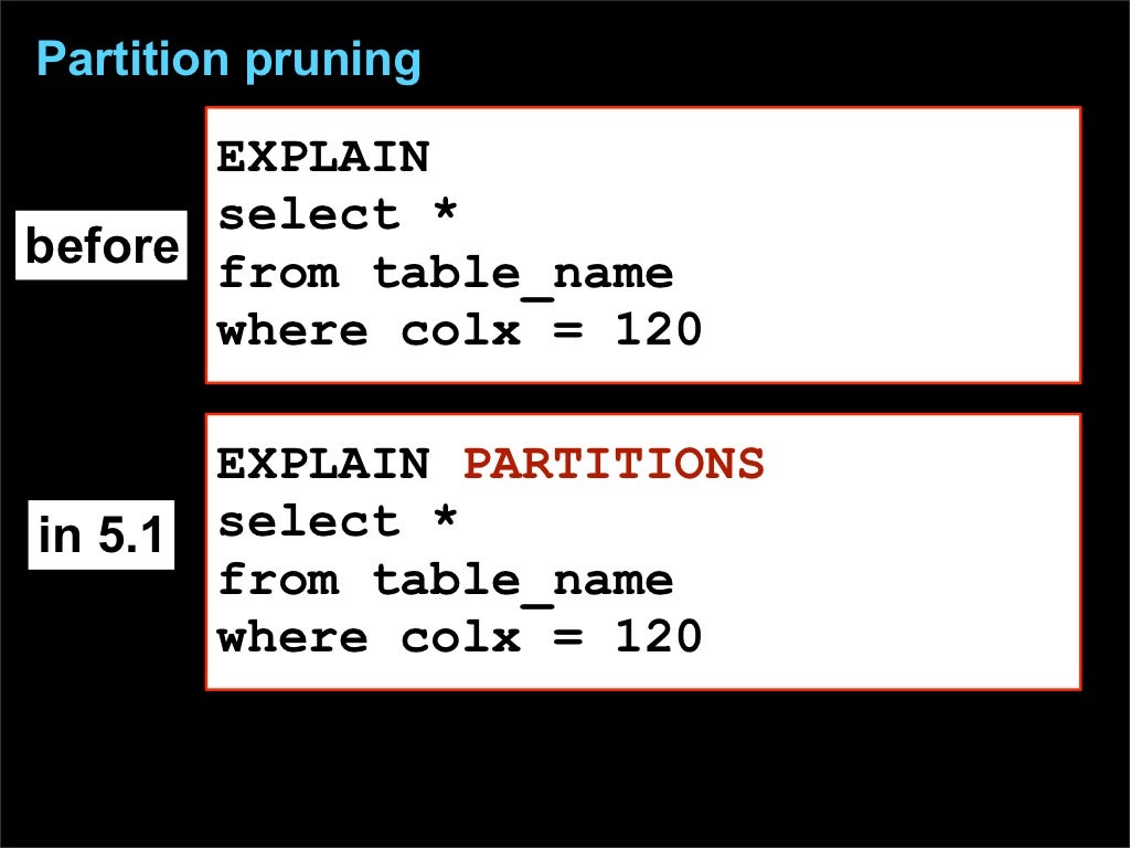 Partition pruning EXPLAIN select