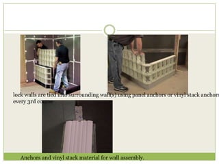 Anchors and vinyl stack material for wall assembly.
lock walls are tied into surrounding wall(s) using panel anchors or vinyl stack anchors
every 3rd course
 
