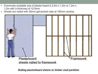 • Commonly available size of plaster board is 2.4m x 1.2m or 1.2m x
1.2m with a thickness of 12.5mm.
• Sheets are nailed with 30mm galvanized nails at 150mm centres.
 