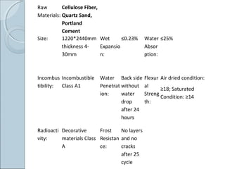 Raw
Materials:
Cellulose Fiber,
Quartz Sand,
Portland
Cement
Size: 1220*2440mm
thickness 4-
30mm
Wet
Expansio
n:
≤0.23% Water
Absor
ption:
≤25%
Incombus
tibility:
Incombustible
Class A1
Water
Penetrat
ion:
Back side
without
water
drop
after 24
hours
Flexur
al
Streng
th:
Air dried condition:
≥18; Saturated
Condition: ≥14
Radioacti
vity:
Decorative
materials Class
A
Frost
Resistan
ce:
No layers
and no
cracks
after 25
cycle
 