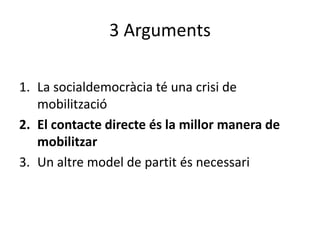 3 Arguments

1. La socialdemocràcia té una crisi de
   mobilització
2. El contacte directe és la millor manera de
   mobilitzar
3. Un altre model de partit és necessari
 