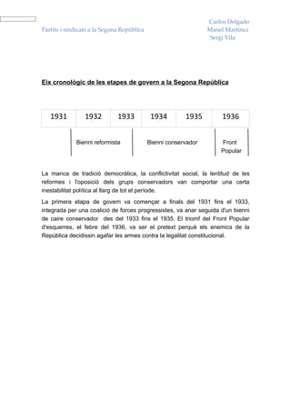 Carlos Delgado
Partits i sindicats a la Segona República                        Manel Martínez
                                                                  Sergi Vila




Eix cronològic de les etapes de govern a la Segona República




   1931          1932         1933           1934        1935        1936
           J                        M                              F           M
           o                        a                              r           a
             Bienni reformista              Bienni conservador       Front
           s                        r                              a           n
                                                                     Popular
           é                        c                              n           u


La manca de tradició democràtica, la conflictivitat social, la lentitud de les
reformes i l'oposició dels grups conservadors van comportar una certa
inestabilitat política al llarg de tot el període.
La primera etapa de govern va començar a finals del 1931 fins el 1933,
integrada per una coalició de forces progressistes, va anar seguida d'un bienni
de caire conservador des del 1933 fins el 1935. El triomf del Front Popular
d'esquerres, el febre del 1936, va ser el pretext perquè els enemics de la
República decidissin agafar les armes contra la legalitat constitucional.
 
