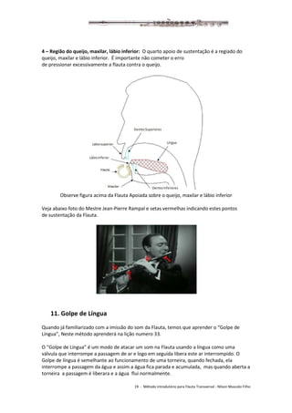 19 - Método introdutório para Flauta Transversal - Nilson Mascolo Filho
4 – Região do queijo, maxilar, lábio inferior: O quarto apoio de sustentação é a regiado do
queijo, maxilar e lábio inferior. É importante não cometer o erro
de pressionar excessivamente a flauta contra o queijo.
Observe figura acima da Flauta Apoiada sobre o queijo, maxilar e lábio inferior
Veja abaixo foto do Mestre Jean-Pierre Rampal e setas vermelhas indicando estes pontos
de sustentação da Flauta.
11. Golpe de Língua
Quando já familiarizado com a imissão do som da Flauta, temos que aprender o “Golpe de
Língua”, Neste método aprenderá na lição numero 33.
O “Golpe de Língua” é um modo de atacar um som na Flauta usando a língua como uma
válvula que interrompe a passagem de ar e logo em seguida libera este ar interrompido. O
Golpe de língua é semelhante ao funcionamento de uma torneira, quando fechada, ela
interrompe a passagem da água e assim a água fica parada e acumulada, mas quando aberta a
torneira a passagem é liberara e a água flui normalmente.
 