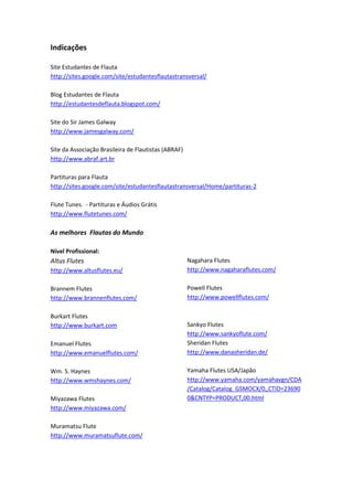 Indicações
Site Estudantes de Flauta
http://sites.google.com/site/estudantesflautastransversal/
Blog Estudantes de Flauta
http://estudantesdeflauta.blogspot.com/
Site do Sir James Galway
http://www.jamesgalway.com/
Site da Associação Brasileira de Flautistas (ABRAF)
http://www.abraf.art.br
Partituras para Flauta
http://sites.google.com/site/estudantesflautastransversal/Home/partituras-2
Flute Tunes. - Partituras e Áudios Grátis
http://www.flutetunes.com/
As melhores Flautas do Mundo
Nível Profissional:
Altus Flutes
http://www.altusflutes.eu/
Brannem Flutes
http://www.brannenflutes.com/
Burkart Flutes
http://www.burkart.com
Emanuel Flutes
http://www.emanuelflutes.com/
Wm. S. Haynes
http://www.wmshaynes.com/
Miyazawa Flutes
http://www.miyazawa.com/
Muramatsu Flute
http://www.muramatsuflute.com/
Nagahara Flutes
http://www.nagaharaflutes.com/
Powell Flutes
http://www.powellflutes.com/
Sankyo Flutes
http://www.sankyoflute.com/
Sheridan Flutes
http://www.danasheridan.de/
Yamaha Flutes USA/Japão
http://www.yamaha.com/yamahavgn/CDA
/Catalog/Catalog_GSMOCX/0,,CTID=23690
0&CNTYP=PRODUCT,00.html
 