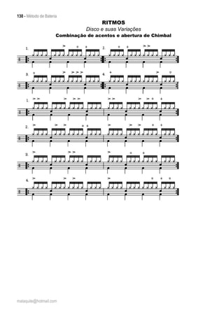 130 - Método de Bateria
malaquite@hotmail.com
RITMOS
Disco e suas Variações
Combinação de acentos e abertura de Chimbal
 