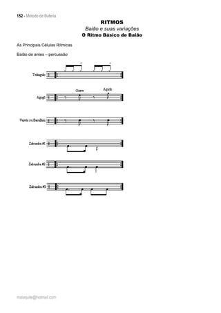 152 - Método de Bateria
malaquite@hotmail.com
RITMOS
Baião e suas variações
O Ritmo Básico de Baião
As Principais Células Rítmicas
Baião de antes – percussão
 