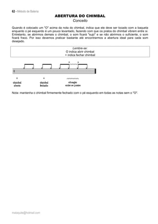 62 - Método de Bateria
malaquite@hotmail.com
ABERTURA DO CHIMBAL
Conceito
Quando é colocado um "O" acima da nota do chimbal, indica que ele deve ser tocado com a baqueta
enquanto o pé esquerdo é um pouco levantado, fazendo com que os pratos do chimbal vibrem entre si.
Entretanto, se abrirmos demais o chimbal, o som ficará "sujo" e se não abrirmos o suficiente, o som
ficará fraco. Por isso devemos praticar bastante até encontrarmos a abertura ideal para cada som
desejado.
Lembre-se:
O indica abrir chimbal
+ indica fechar chimbal
Nota: mantenha o chimbal firmemente fechado com o pé esquerdo em todas as notas sem o "O".
 